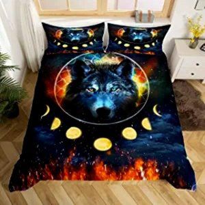 Wolf & Moon Duvet Cover Set Queen Size Wildlife Galaxy Dream Bed Set Queen New